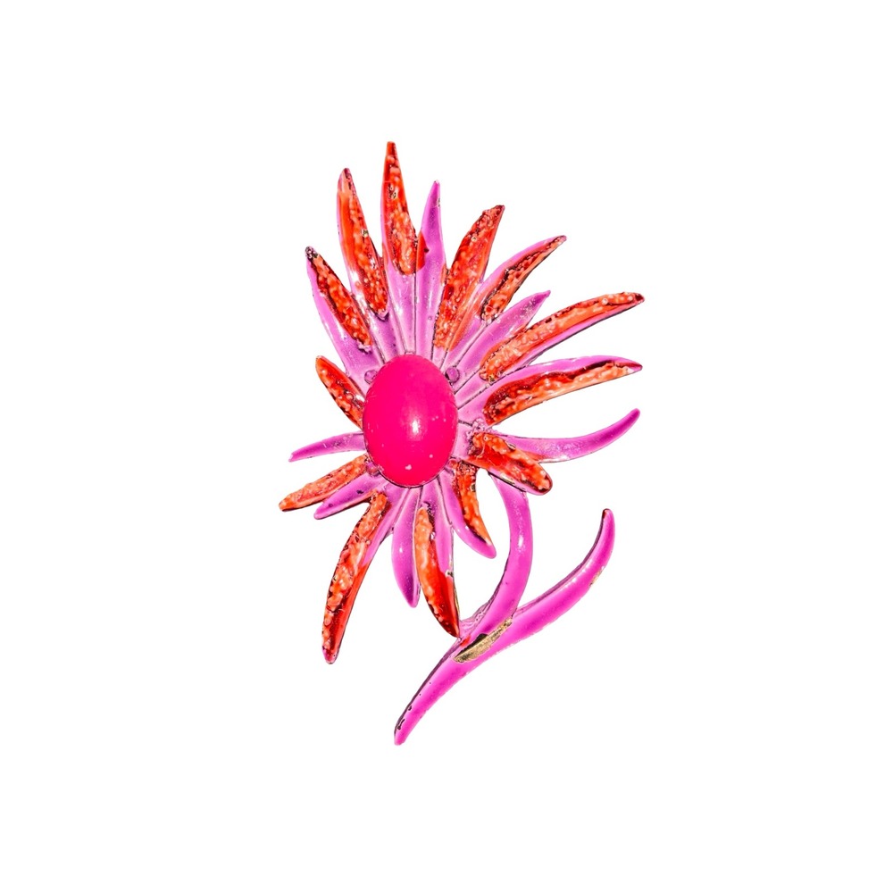 Vintage ART Arthur Pepper Pink Orange Enamel Flower Brooch Pin Mid Century Gold